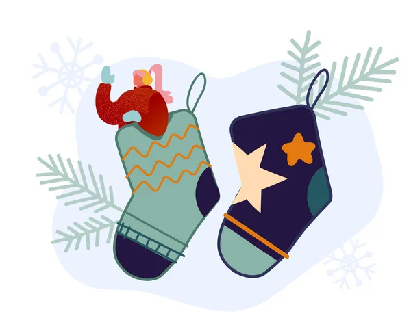 Feestelijke Winter Seizoen Vakantie Illustratie. Mensen Karakter Meisje en Kerstmis Traditionele Symbolen Gift Sock op witte achtergrond. Cartoon Flat Vector Illustratie — Stockvector