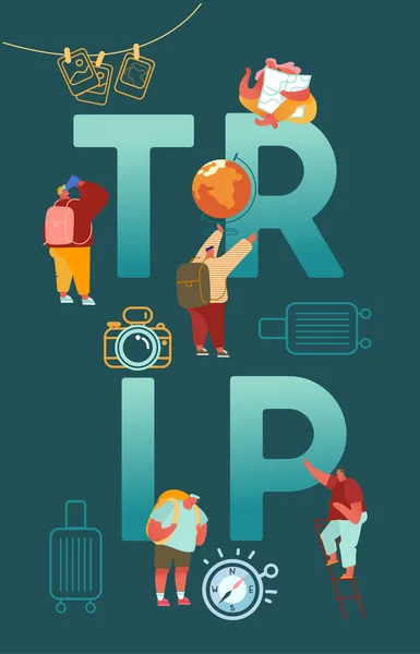 People Characters Adventure Tourism with Globe, Suitcase, Camera, Map. Travel Abroad, Man and Woman Planning Summer Vacation Trip, Backpacking Concept Illustration. Flat Cartoon Vector — Stock Vector