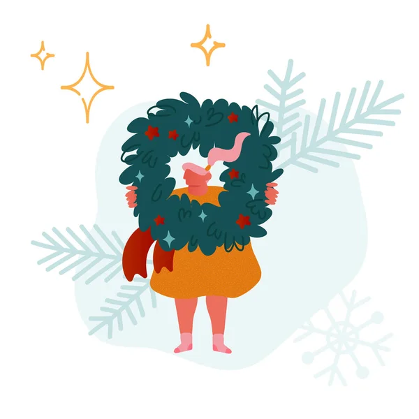 Slavnostní zimní sezóna Holiday Illustration. People Character Girl with Christmas Traditional Symbol Wreath on white background. Cartoon Flat Vector Illustration — Stockový vektor