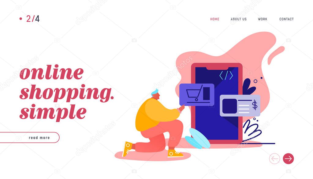 Landing page with Online Shopping. Smartphone Turned into Internet Shop. Concept of Mobile Marketing and E-commerce with Man Character Shopping on Phone Webpage, Web Site. Vector Illustration