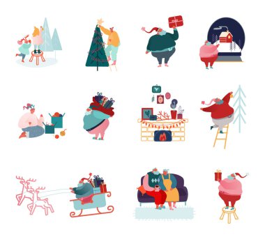 People Characters 'ın tatil sahneleri, kış sporları, snowboard, kayak, açık hava aktiviteleri. Hediyeli Noel Baba. Erkek ve kadın alışveriş hediyeleri, Noel süsü. Vektör illüstrasyonu