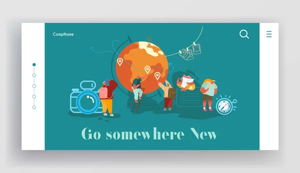 Landing Page of Tourists Aventura, Globo, Brújula, Maleta Viajar alrededor del mundo. Viaje al extranjero, viaje de vacaciones de verano. Explora el Sitio Web Mundial, Concept Web Page Template. Ilustración vectorial — Vector de stock