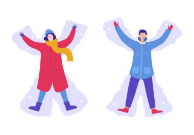 Mutlu Kadın ve Kar Melekleri Yapan Adam. Winter Leisure Activity, Eğlence Konsepti. Noel Tatili Tatili