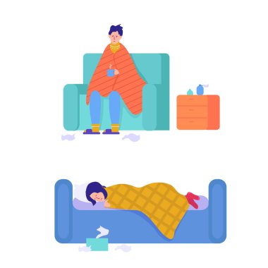 Bir grup hasta insan karakteri. Grip olan erkek ve kadın hastaları, grip belirtileri, virüs hastalıkları, hastalık konsepti.