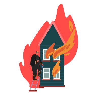 İtfaiyeci Merdiven 'i Yanan Ev' e Tırmanıyor. İtfaiyeci Üniformalı, İtfaiye Kurtarma Ekipmanı