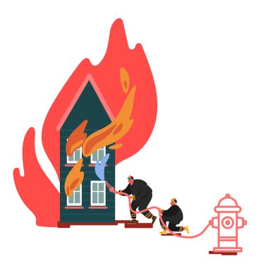 İtfaiyeci Su Yanan Ev 'le yangın söndürme ve kurtarma. İtfaiyeci Üniformalı, İtfaiye Kurtarma Konsepti