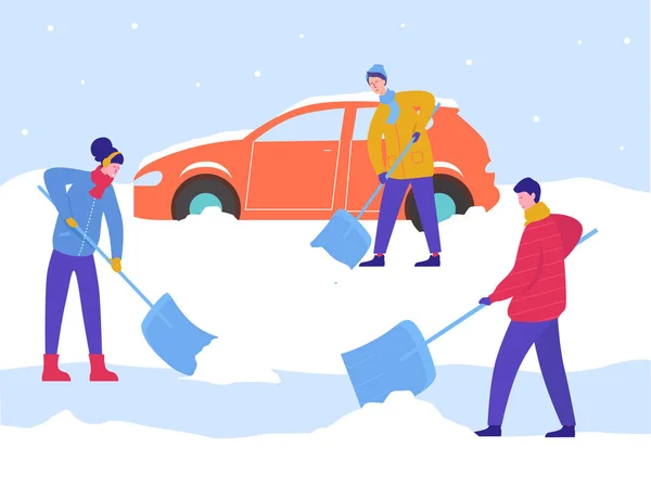 Wintermann und -frau reinigen Auto vom Schnee, räumen Eis mit Schaufeln, reinigen Hinterhofbereich. Personen — Stockvektor