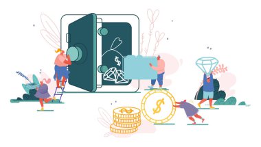 İş İnsanları Karakterleri Banka Hesabına Yatırım Yapıyor. Para kutusu olan kadın ve adam, kasa, banka, nakit para çantası, para tasarrufu konsepti. Düz Çizgi film Vektör illüstrasyonu