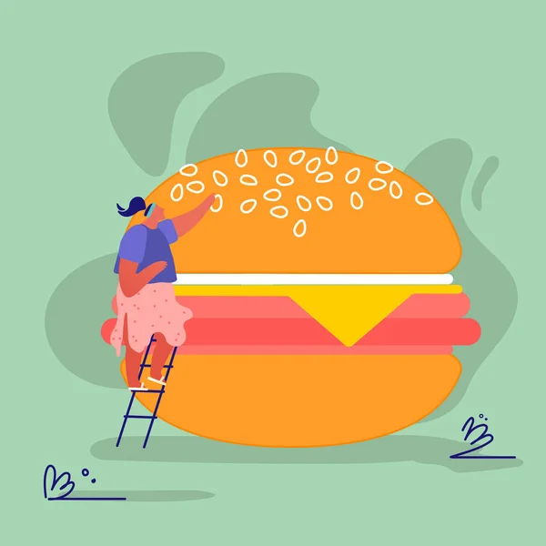 Woman Characters with Fastfood Huge Burger. Concept People Eating Street Fast Food Cafe Meal. Cartoon Flat — Stock Vector
