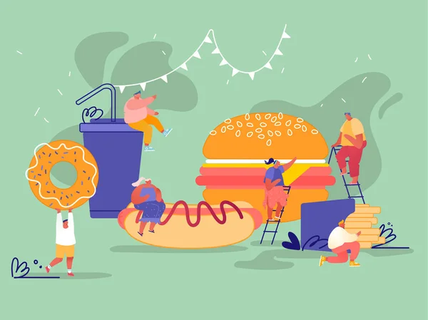 Мужские и женские персонажи с фастфудом. Огромный бургер, хот-дог с горчицей, картошка фри, пончик, содовый напиток — стоковый вектор
