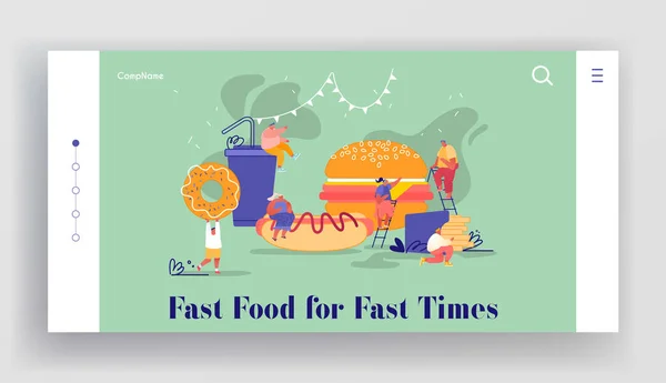 Website van People Characters with Fastfood. Enorme Burger, hotdog, friet, donut, frisdrank. Mensen eten Street Fast Food, Online Meal Order Website Landing Page. Cartoon Vector Illustratie — Stockvector