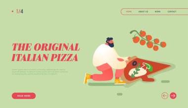 Pizzeria Bistro Web Sitesi İniş Sayfası, Büyük Pizza Yiyen İnsanlar, Bir parça İtalyan Yemeği Yiyin. Fast Food, Cafe, Ziyaretçiler, Web. Çizgi film Düz Vektör İllüstrasyonu, Banner