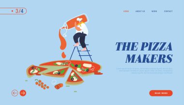 Pizzeria Bistro Web Sitesi İniş Sayfası, İtalyan Yemekleri Üzerine Ketçap Koy. Fast Food, Cafe, Ziyaretçiler, Web Sitesi. Çizgi film Düz Vektör İllüstrasyonu, Banner