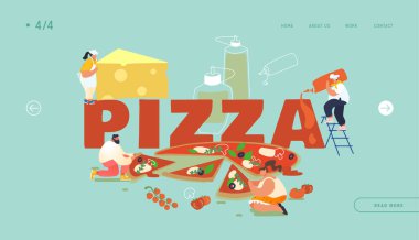 Pizzeria Bistro Web Sitesi İniş Sayfası, Büyük Pizza Yiyen İnsanlar, Bıçakla Kesilen, Ketçap ve Peynir Koy, İtalyan Yemeği. Fast Food, Cafe, Ziyaretçiler, Web. Çizgi film Düz Vektör İllüstrasyonu, Banner