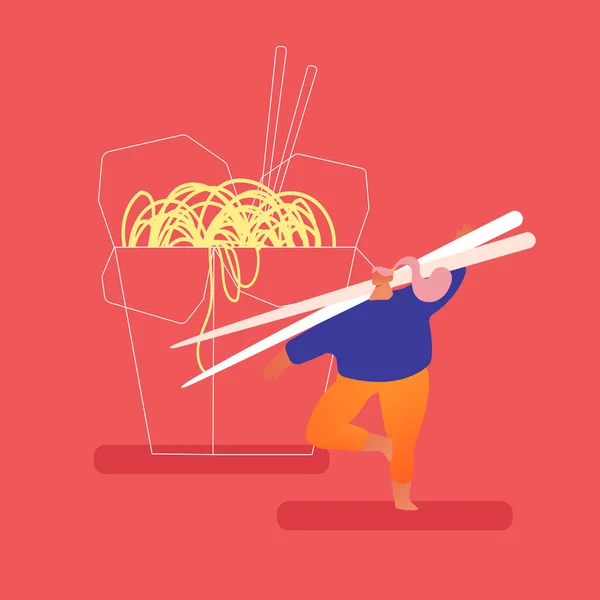 Ein stämmiger Mann mit riesigen Holzstäbchen in einem chinesischen Fast-Food-Restaurant, der an einer Wok-Box mit Nudeln zum Mitnehmen steht. Traditionelle asiatische Fastfood-Ernährung, Mittagessen. Cartoon flache Vektorillustration — Stockvektor