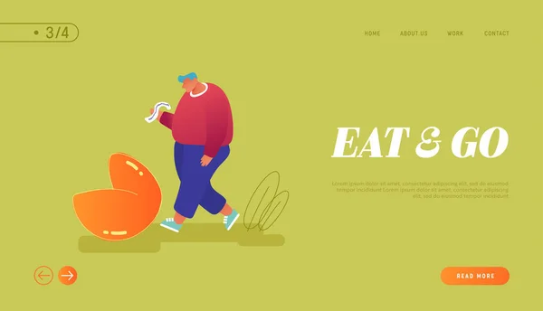 Chinese Traditional Food, Prediction for Future Website Landing Page (en inglés). Hombre con sobrepeso Stand at Enorme Fortune Cookie Reading Forecasting on Piece of Paper Page Banner (en inglés). Dibujos animados plana Vector Ilustración — Vector de stock