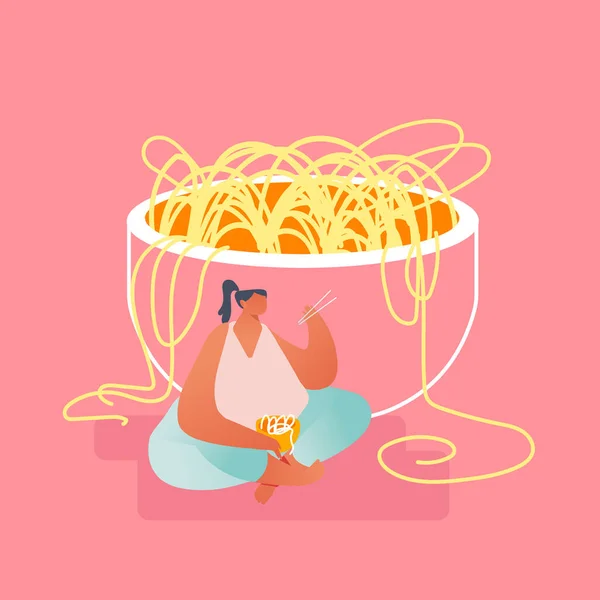 나무 젓가락으로 국수를 먹는 거대 한 그릇에 앉아 있는 체중 과다인 여자. 동양 요리와 중국 음식 컨셉, 아시아 가스트 로미 틱 평면 벡터 일러스트 — 스톡 벡터