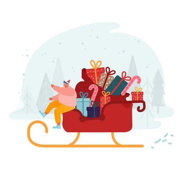 Happy Man in Santa Claus Klobouk sedí v sobí Sledge s dárky a bonbóny na zasněženém pozadí. Zimní čas svátky sezóna, Veselé Vánoce pozdrav čas. Cartoon Flat Vector Illustration — Stockový vektor