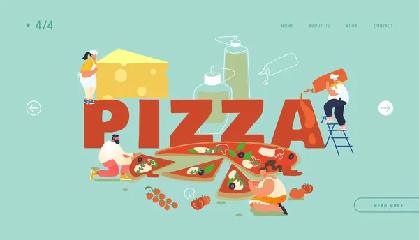 Pizzeria Bistro Website Landing Page, People Character Eating Enorme Pizza, Cut with Knife, Put Ketchup and Cheese, Italiaans eten. Fast Food, Cafe, Bezoekers, Web. Cartoon Flat Vector Illustratie, Banner — Stockvector