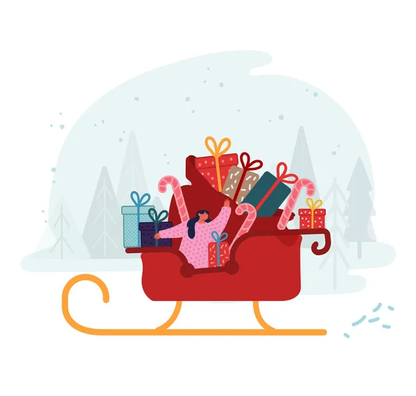 Veselé Vánoce a šťastný Nový rok Zdravím. Girl Santa Claus Helper Riding Reindeer Sledge with Huge Bag Full of Wrapped Gift Boxes Waving Hand. Zimní dovolená Cartoon Flat Vector Illustration — Stockový vektor