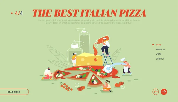 Pizzeria Bistro Website Landing Page，People character eating huge ge Ppizza，Cut with Knife，Put Ketchup and Cheese，Italian Food 。 快餐、咖啡店、游客、网络。 卡通平面矢量图解，横幅 — 图库矢量图片