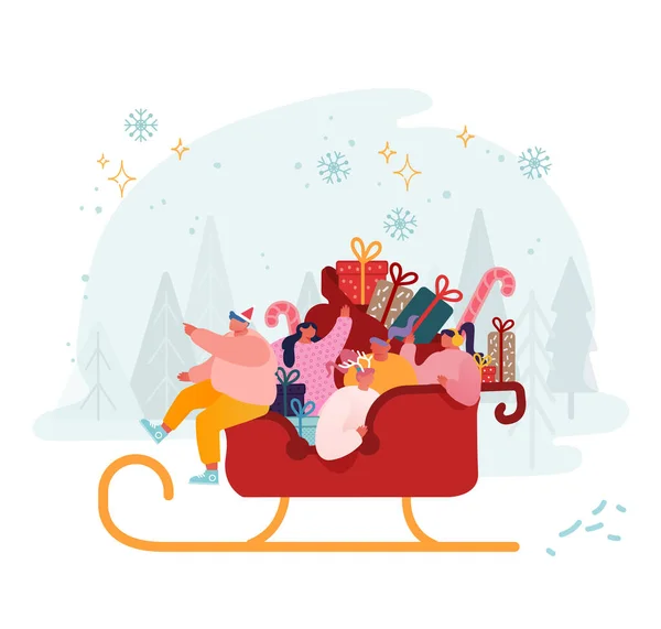 Happy Male and Female Personages Riding Santa Claus Sled Vol met geschenken en cadeautjes. Kerstviering en Wintervakantie Concept. Santa Helpers Feestelijke groeten. Cartoon Flat Vector Illustratie — Stockvector