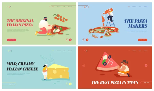 Sæt af Pizzeria Bistro Website Landing Page, Mennesker Karakterer Spise Kæmpe Pizza, Klip med kniv, Put Ketchup og ost, Italiensk mad. Fast Food, Cafe, Besøgende, Web. Tegneserie flad vektor illustration – Stock-vektor