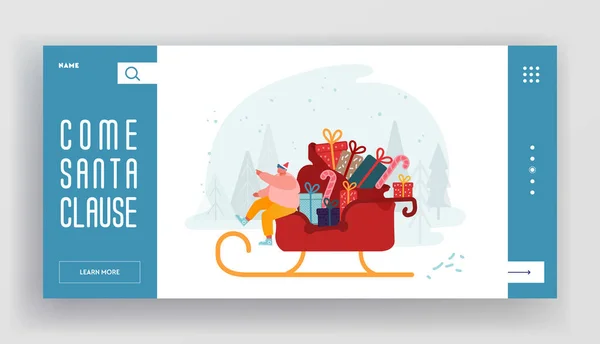 Веселого Різдва на сайті Landing Page Happy Man in Santa Claus Hat Sitting in Sledge with Gifts and Sweets Riding on Snowy Background Web Page Banner Cartoon Flat Vector Illustration — стоковий вектор