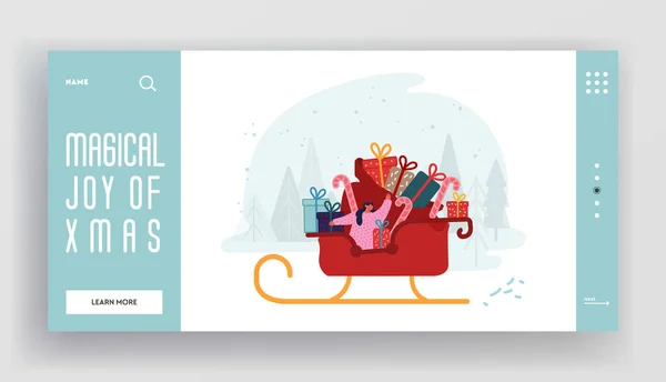 Página web de vacaciones de invierno Landing Page. Feliz Navidad Feliz Año Nuevo Saludos. Santa Claus Helper Girl Montar en trineo con bolsa enorme llena de cajas de regalo Página Web Banner. Dibujos animados plana Vector Ilustración — Archivo Imágenes Vectoriales