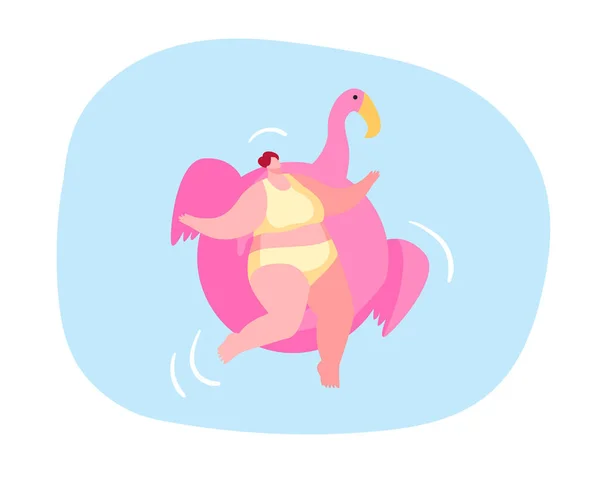 Personaje femenino relajado disfrutando de vacaciones de verano flotando en un colchón inflable de flamenco Tome el baño de sol y Tan en el resort. Hotel Relájese en la piscina, el mar o el mar. Ilustración de vectores de dibujos animados — Vector de stock