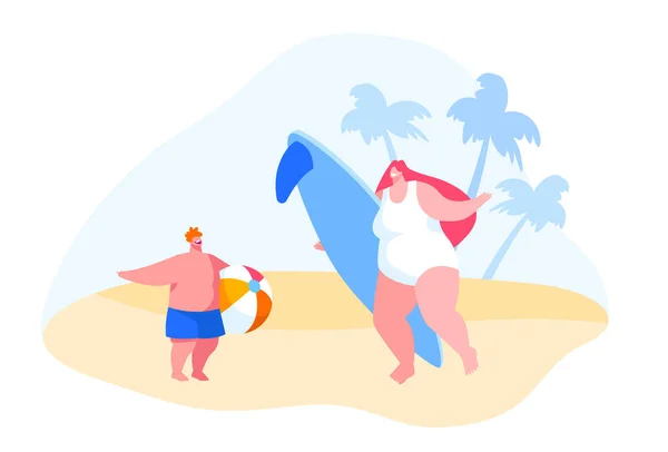 Happy Young Mother with Surf Board et Little Boy with Ball Stand sur Sandy Beach au Exotic Tropical Resort pendant les vacances d'été. Personnages Loisirs pendant les vacances. Illustration vectorielle des personnages de bande dessinée — Image vectorielle