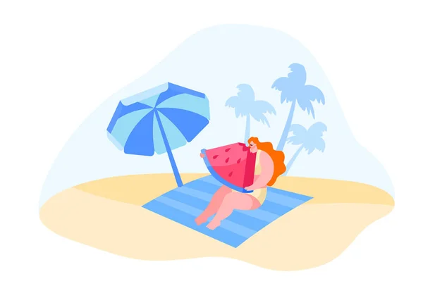 Personaje femenino sentado en la alfombra en Sandy Beach bajo Paraguas comiendo sandía con palmeras alrededor. Vacaciones de verano Resort, Ocio de verano, Actividad al aire libre. Ilustración de vectores de dibujos animados — Archivo Imágenes Vectoriales