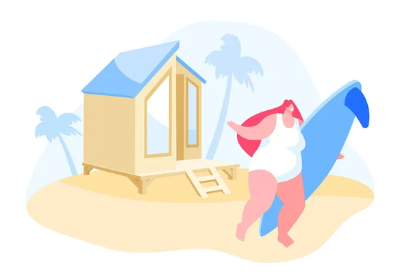 Personaje de chica joven con tabla de surf en manos de pie en Sandy Beach bajo la palmera en el fondo Resort Lodge. Vacaciones de verano, vacaciones de mujer viajera en un país exótico. Ilustración de vectores de dibujos animados — Archivo Imágenes Vectoriales