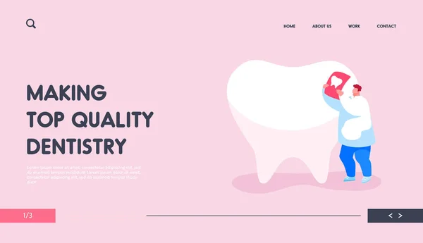 Plantilla de Landing Page de Trabajo Estomatólogo. Dentista diminuto Doctor Caracter Care of Huge Tooth Examine Xray Image — Archivo Imágenes Vectoriales