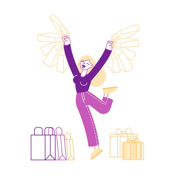 Happy Woman drží nákupní balíčky. Veselý Shopaholic dívka postava s nákupy v barevných papírových sáčků — Stockový vektor