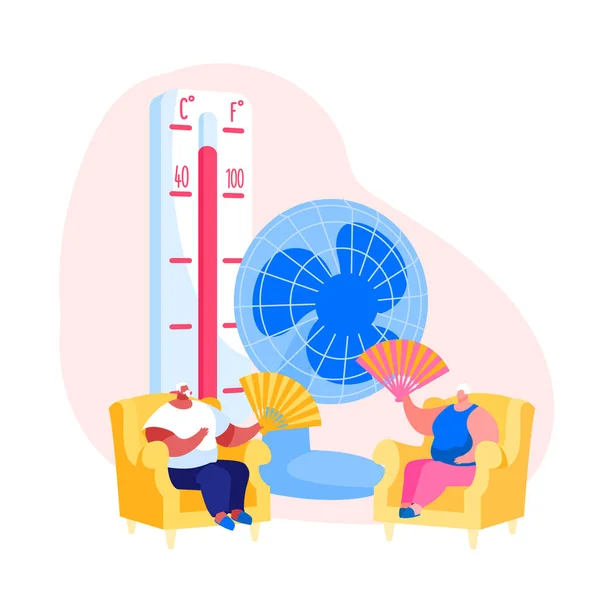 Summer Hot Period Concept. Sweltering in Heat Aged People Characters Sitting on Sofa Use Fans — Stock Vector