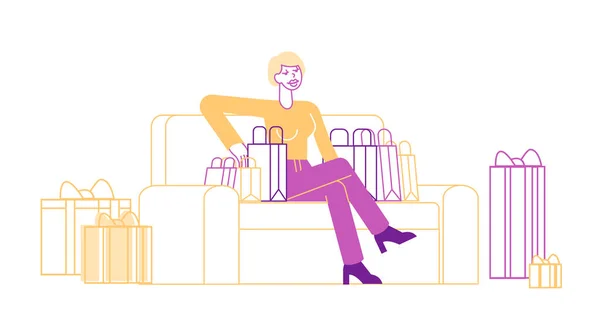 Cliente jovem mulher, personagem Shopaholic Sentado em poltrona com muitos sacos de compras coloridos ao redor —  Vetores de Stock