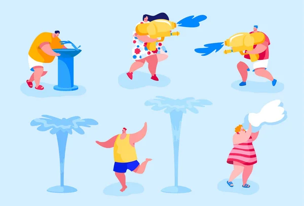 Glückliche Menschen planschen und spielen bei heißem Sommerwetter mit Wasser. Männliche und weibliche Charaktere trinken — Stockvektor