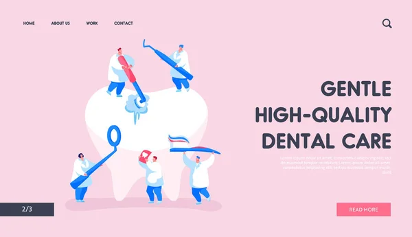 Dental Care Landing Page Template. Tiny Dentist Characters in Medical Robe Cleaning or Brushing Huge Teeth — Stock Vector
