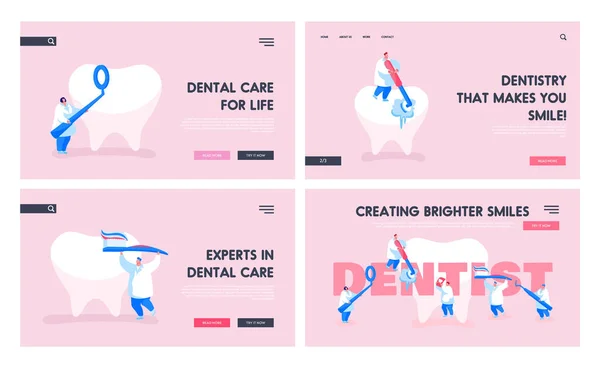 Dentista Trabalho em Clínica de Estomatologia Landing Page Template Set. Médicos minúsculos Personagens Cuidados de dentes enormes — Vetor de Stock