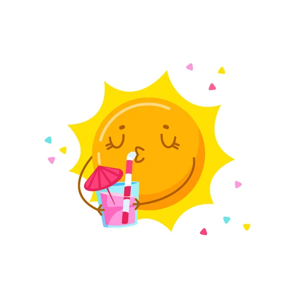 Lindo personaje de dibujos animados sol beber cóctel aislado sobre fondo blanco. Kawaii Personaje Relajante en las vacaciones de verano, la actividad de verano, Resort tiempo libre. Impresión de camiseta. Ilustración vectorial — Archivo Imágenes Vectoriales