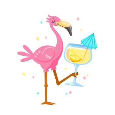 Pembe Flamingo Kokteyl İçiyor. Yaz Tatili Çizgi Filmi Kawaii Kuş Karakteri. Yaz Aktivitesi ve Boş Zaman Şirin Kişiliği. Beyaz Arkaplanda izole edilmiş bir tişört. Vektör İllüstrasyonu