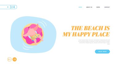 Yüzme Havuzu İniş Sayfası Şablonunda Tatil Köyü veya Otel Gevşemesi. Okyanusta ya da Denizde Mutlu Erkek Karakter Şamandırası Şişme Yatakta Yüzen Yaz Tatilinin Keyifli Günleri. Çizgi film Vektör İllüstrasyonu