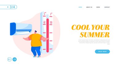Yaz aşırı sıcak hava, yaz mevsimi ısıtma iniş sayfası şablonu. Mevsimlik Sıcaklık Kullanımı Koşullandırıcısı 'ndan muzdarip genç adam. Erkek Karakteri Sıcakta İyi Hisseder. Çizgi film Vektör İllüstrasyonu