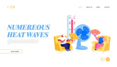 Yaz Sıcak Periyodu İniş Sayfa Şablonu. Isı Yaşlanmış İnsanlar Karakterlerinde Sıcaklık Tazelenmek için Fan ve Ventilatör Kullanın. Sıcak çarpması, Isınma Havası. Çizgi film İnsanları Vektör İllüstrasyonu