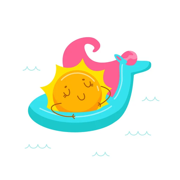 Kawaii Sun Character schwimmt auf aufblasbarer Einhorn-Matratze. Cute Cartoon Personage Summer Relax, Sommeraktivität und Freizeit. T-Shirt Print Isolated auf weißem Hintergrund. Vektorillustration — Stockvektor