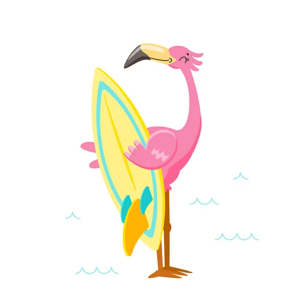 Cute Pink Flamingo with Surf Board on Beach. Cartoon Character on Summer Vacation. Kawaii Personage Summertime Activity and Spare Time. T-shirt Print Isolated on White Background. Vector Illustration — Stock Vector