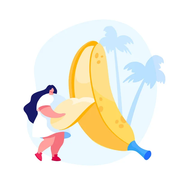 大きなバナナの皮をむいた小さな女性キャラクター。ベジタリアンや健康食品強化栄養,健康ビタミンの源.エキゾチックなトロピカルフルーツを食べるコンセプト。漫画ベクターイラスト — ストックベクタ