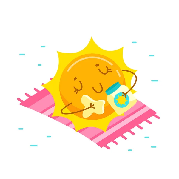 Carino Cartoon Sun Character Applicando crema per abbronzatura. Personaggio Kawaii Prendere il sole in vacanza estiva. Attività estiva e tempo libero. T-shirt stampa isolata su sfondo bianco. Illustrazione vettoriale — Vettoriale Stock