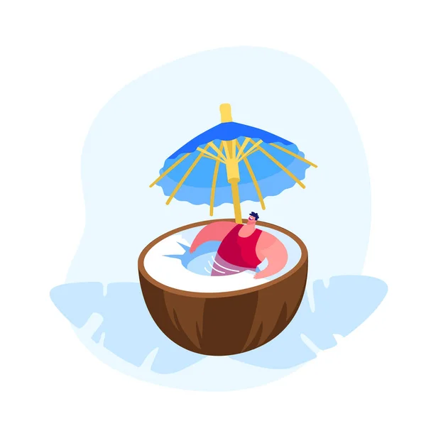 Liburan musim panas Tenang. Young Man in Swim Suit Relaxing in Huge Coconut with Umbrella Decoration. Tropical Fruits Vegetarian and Diet Healthy Food, Fortified Nutrition (dalam bahasa Inggris). Ilustrasi Vektor Kartun - Stok Vektor